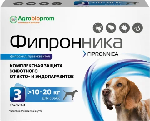Таблетки от паразитов Pchelodar Фипронника для собак и кошек 10-20кг (3 таблетки)