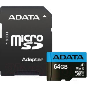 Карта памяти A-data Premier microSDXC 64GB + адаптер (AUSDX64GUICL10A1-RA1)